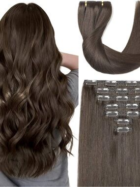 16”Dark Brown Clip-in Human Hair Extensions 7 pcs